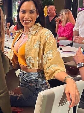 Zara Mustard Cropped Button-Up with White Leaf Print